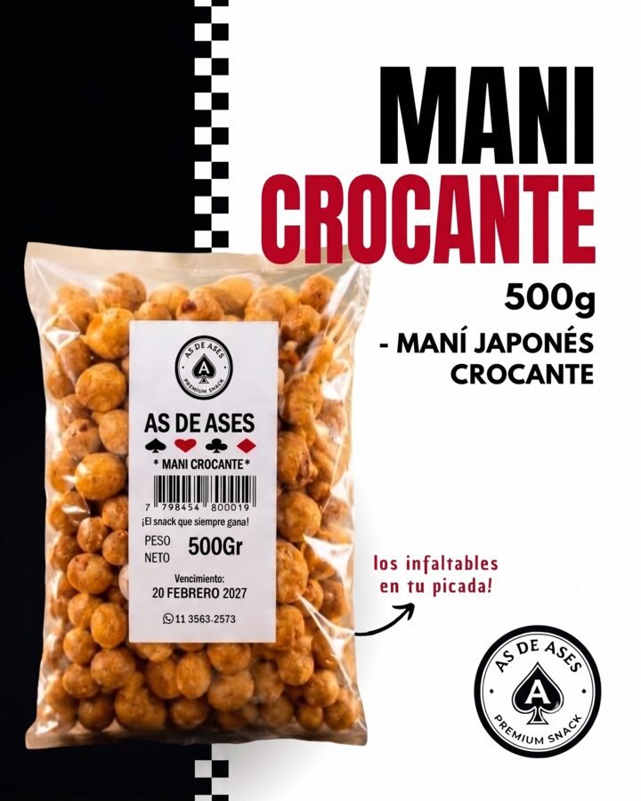 Maní Japonés Crocante As de Ases 500g, ideal para cervecerías