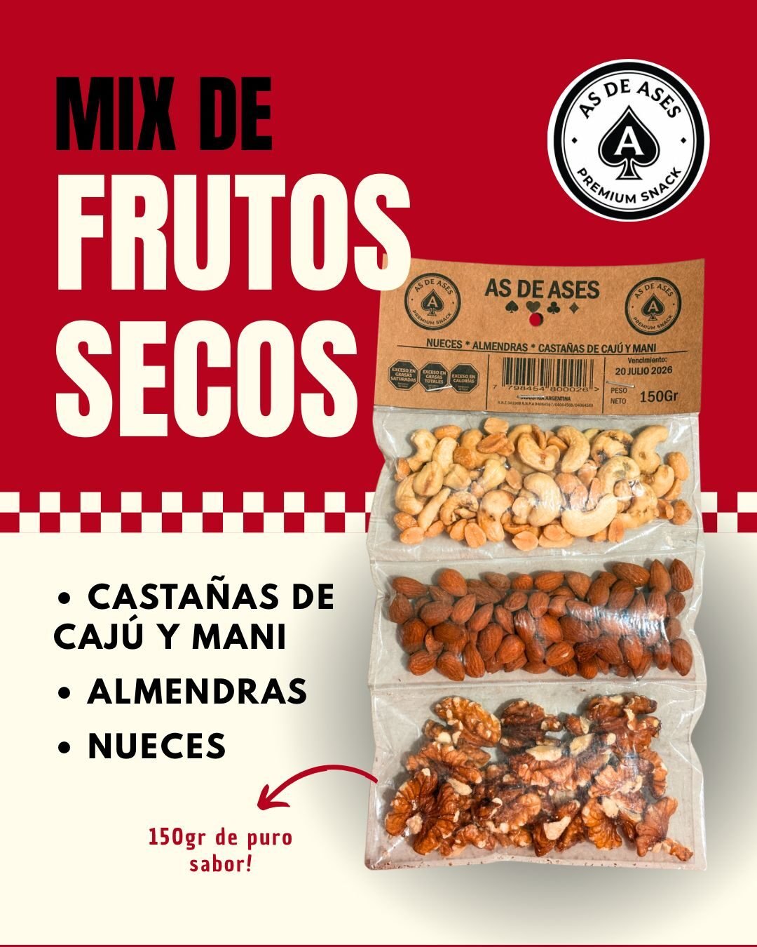 Mix Premium de Frutos Secos As de Ases: castañas de cajú, almendras, nueces y maní