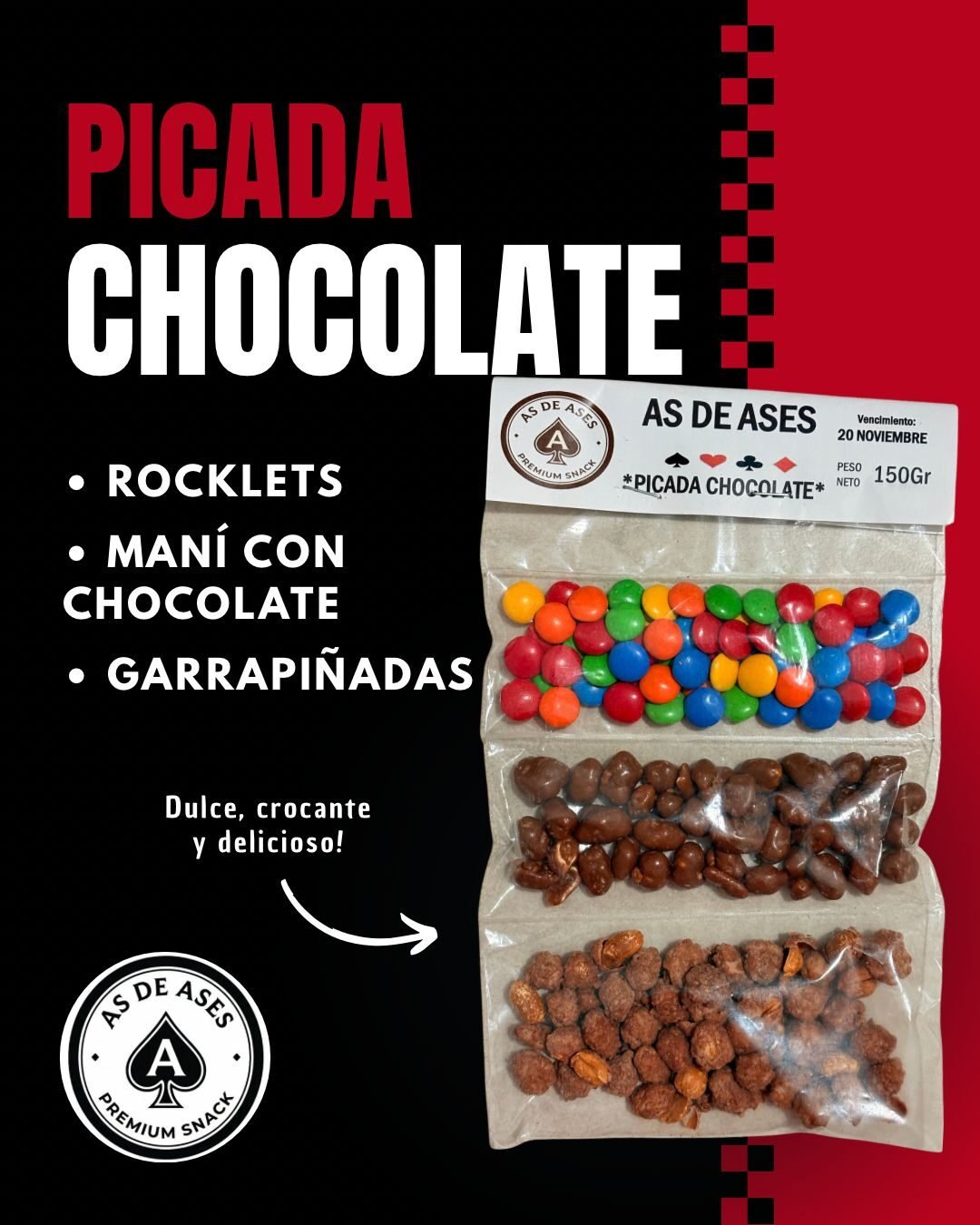 Picada de Chocolate As de Ases: rocklets, maní con chocolate y garrapiñadas