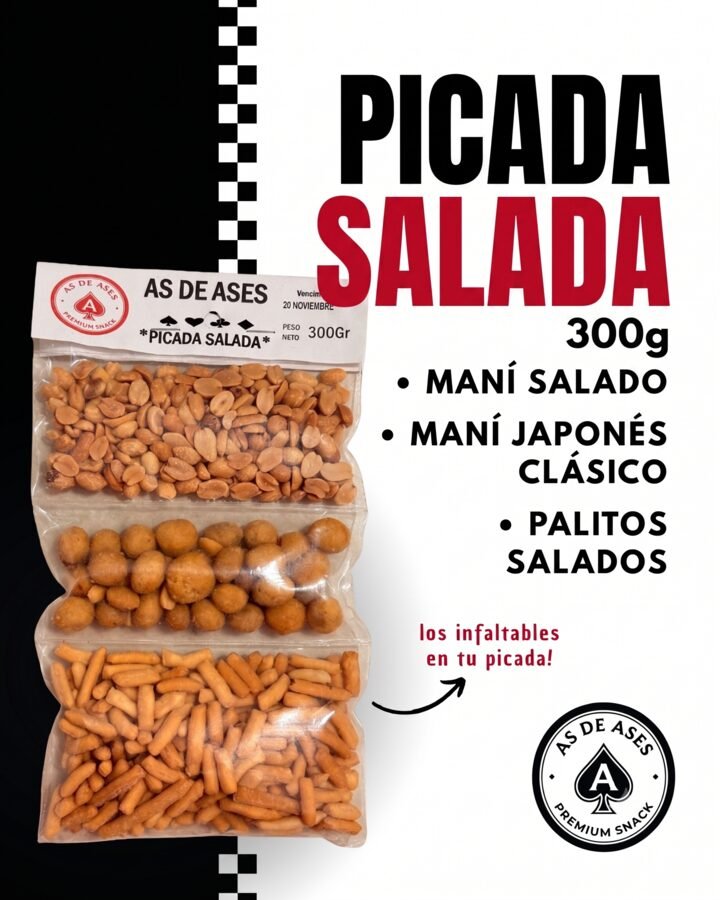 Picada Salada As de Ases 300g: maní salado, maní japonés clásico y palitos salados